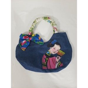 Greenspot Denim Painted Japanese Geisha Girl Floral Bow Accent Purse Handbag